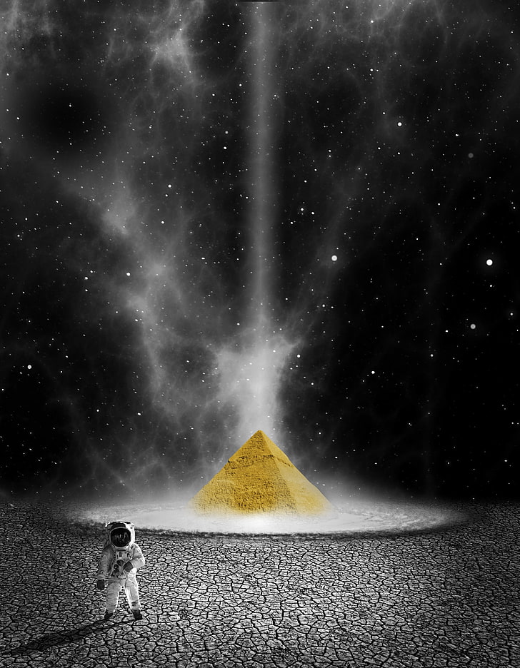 piramida i astronauta tapeta cyfrowa, astronauta, planeta, piramida, Photoshop, Tapety HD, tapety na telefon