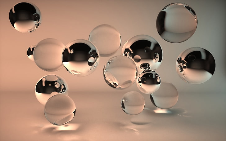 lote de bola de vidro transparente, gotas de água, CGI, arte digital, reflexão, HD papel de parede