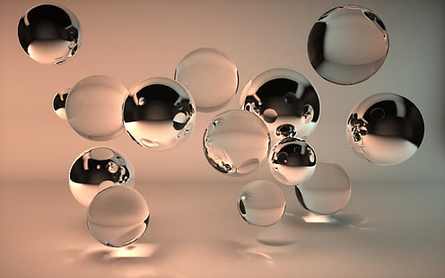 прозрачный стеклянный шарик, капли воды, компьютерная графика, цифровое искусство, отражение, HD обои HD wallpaper