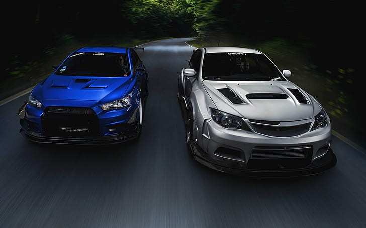 Mitsubishi Lancer Evolution и Subaru Impreza STi, синий Nissan GT-R35 и серебристое спортивное купе, Mitsubishi Lancer Evolution, Subaru Impreza, HD обои