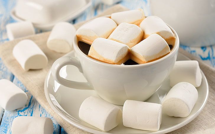 white ceramic coffee cup and white marshmallows, sweet, cup, marshmallow, mug, coffee, HD wallpaper
