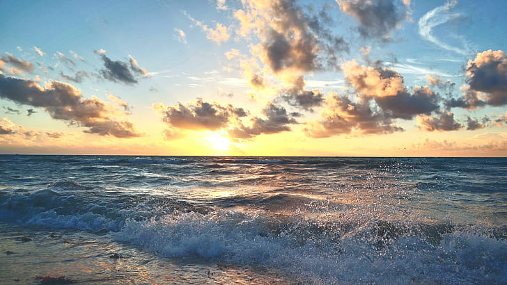 mer, horizon, océan, vague, matin, aube, lumière du soleil, Quintana roo, Riviera maya, Mexique, Yucatan, Playacar, Fond d'écran HD