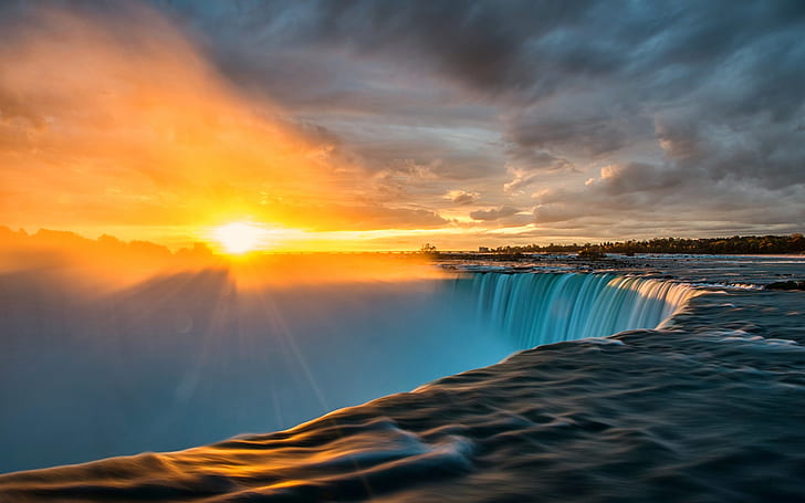 Ниагарский водопад, солнечные лучи, восход, облака, замедленная съемка водопадов, Ниагарский водопад, солнце, лучи, восход, облака, HD обои