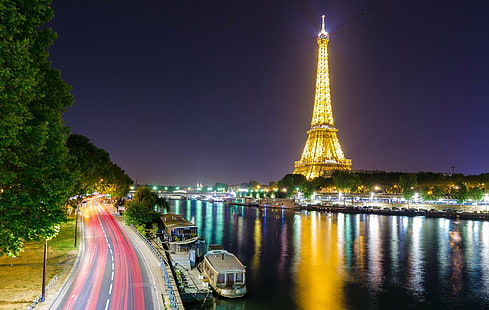 المعالم الأثرية ، برج إيفل ، فرنسا ، الضوء ، الليل ، باريس ، النهر ، الطريق ، الفاصل الزمني، خلفية HD HD wallpaper
