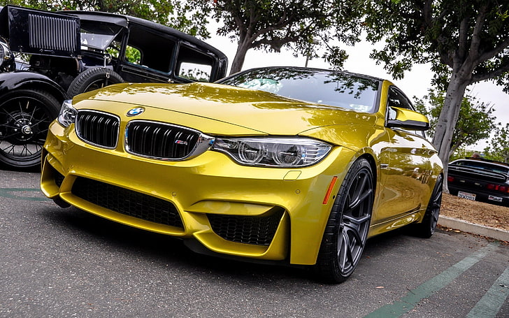 żółty pojazd BMW F30, BMW, F82, M4, żółty, przedni zderzak, Tapety HD