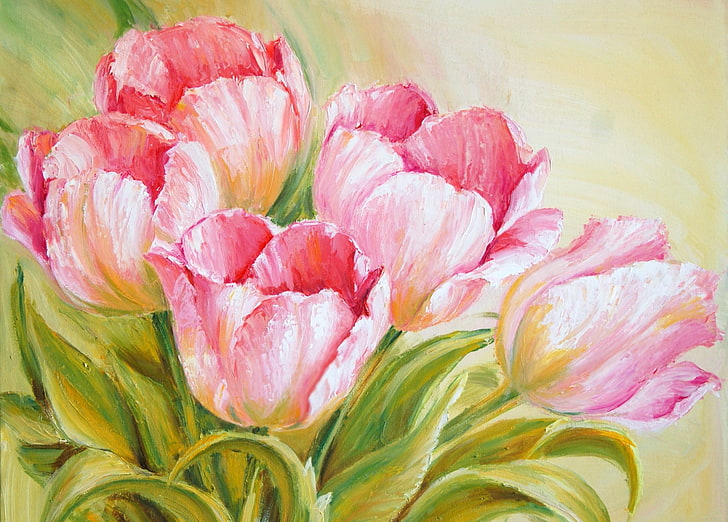 pink petaled flowers painting, leaves, flowers, paint, bouquet, picture, spring, tulips, pink, painting, HD wallpaper