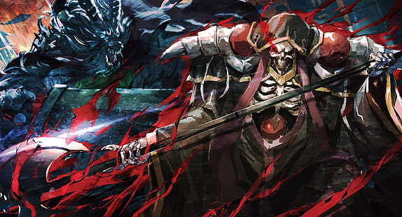 overlord iii, ainz ooal gown, spear, skull, artwork, Anime, HD wallpaper HD wallpaper