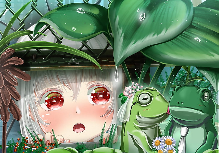 Anime, Original, Niedlich, Frosch, Mädchen, Blatt, Rote Augen, Wasser, Weißes Haar, HD-Hintergrundbild