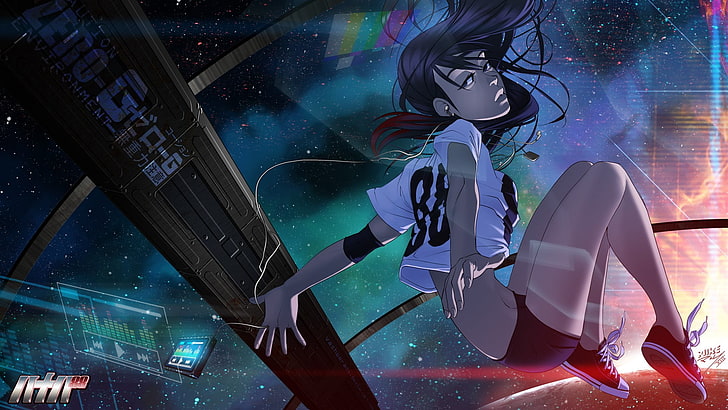 papel de parede digital de personagem animado feminino, garota na ilustração de tênis vermelho, anime girls, personagens originais, espaço, nave espacial, espectro de áudio, futurista, garota, HD papel de parede