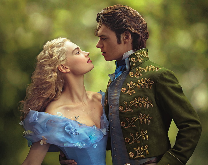 Cinderella and Prince 2015, women's blue flora- v-neck dress, Movies, Other Movies, Love, Movie, Prince, Film, cinderella, Story, prince charming, 2015, Lily James, Richard Madden, HD wallpaper