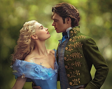 Cinderella and Prince 2015, women's blue flora- v-neck dress, Movies, Other Movies, Love, Movie, Prince, Film, cinderella, Story, prince charming, 2015, Lily James, Richard Madden, HD wallpaper HD wallpaper