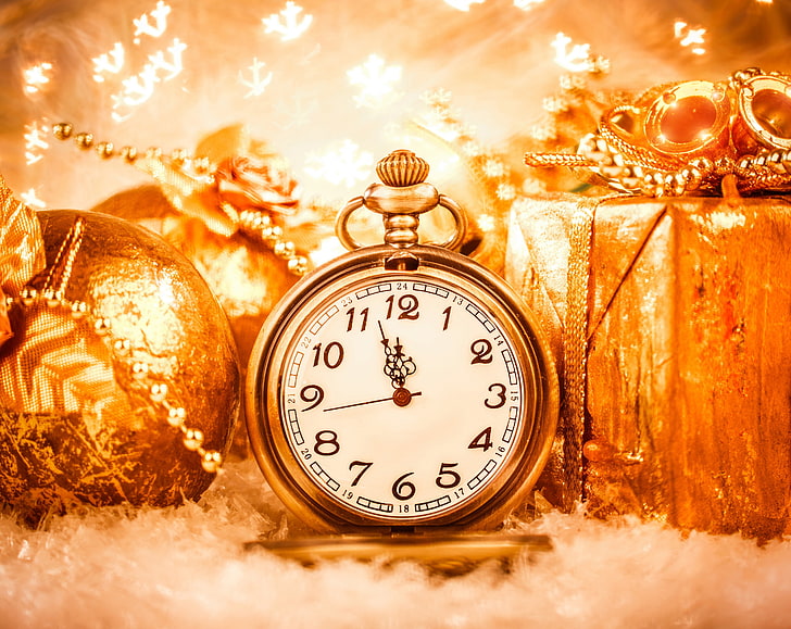 Nowy rok 2015 Życzenia, tapeta z okrągłym złotym zegarkiem kieszonkowym, święta, nowy rok, czas, złoty, życzenia, sylwester, zegar, 2015, Tapety HD