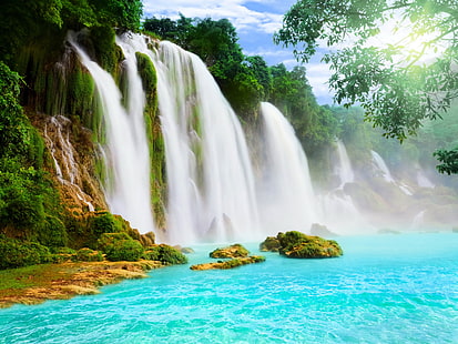 водопады цифровые обои, вода, водопад, водопады, деревья., HD обои HD wallpaper