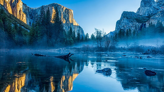 национален парк Йосемити, национален парк, САЩ, САЩ, мъглив, езеро, планини, отражение, HD тапет HD wallpaper