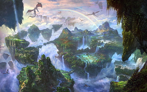 paesaggio fantasy, draghi, arcobaleni, isole del cielo, cascate, fantasia, Sfondo HD HD wallpaper
