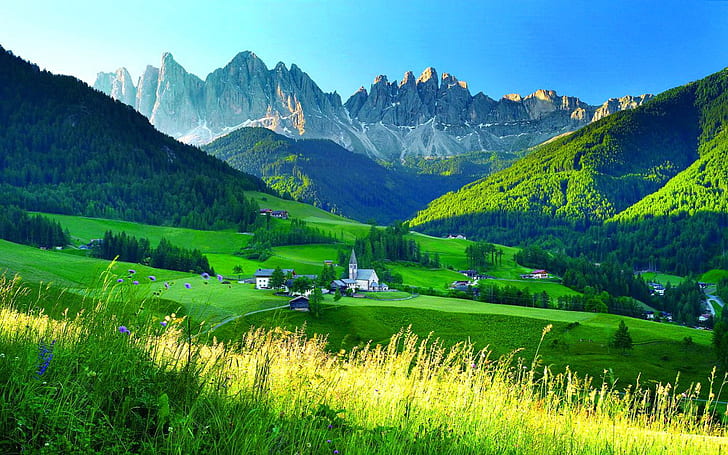 Central Eastern Alps Mountain Chain Summer Village Peaks Mountain Beautiful Flowers Green Grass Blue Sky 1920×1200, HD wallpaper