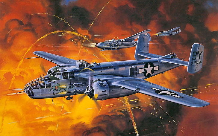 Segunda Guerra Mundial, aviones militares, aviones, Mitchell, B-25, ilustraciones, Fondo de pantalla HD