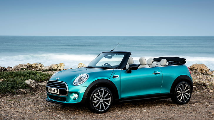 teal convertible car near seashore, Mini Cooper Cabrio, cabriolet, blue, HD wallpaper