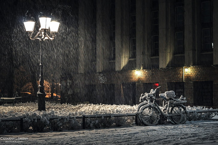 photography, city, snow, bicycle, HD wallpaper