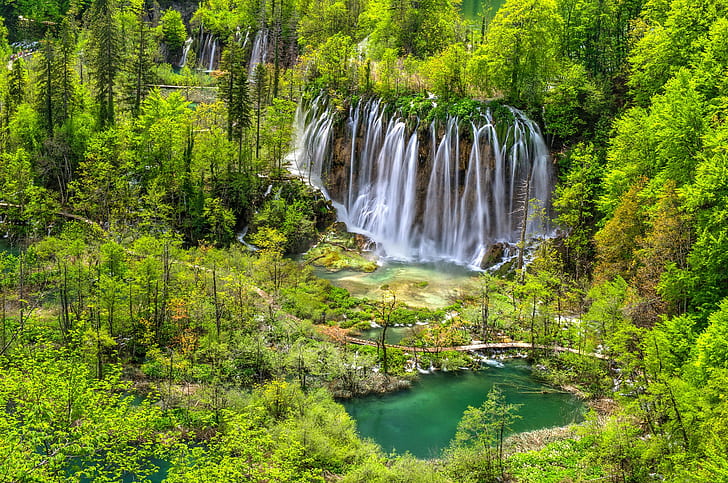 пейзаж, водопад, парк, зеленый, природа, пруд, лес, Хорватия, HD обои