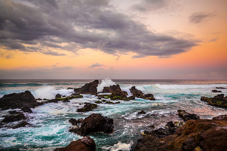 landscape photography of rock formation surrounded by body of water under cloudy sky, sun goes down, landscape photography, rock formation, body of water, cloudy, sky, Sunset, Colors, Hawaii, Ho'okipa, Beach, Waves, Ocean  Pacific, Pacific Ocean, Travel, sea, coastline, rock - Object, nature, wave, landscape, dusk, scenics, water, seascape, HD wallpaper