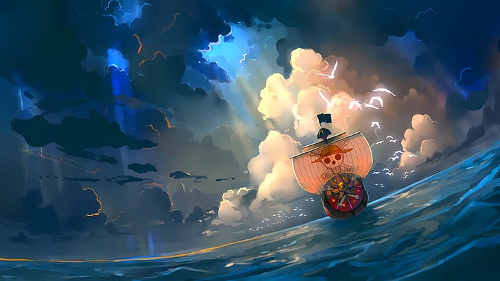 One Piece, пиратски кораб, пиратско знаме, облаци, море, чайки, дигитално изкуство, HD тапет