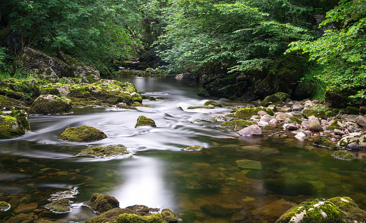 time lapse photography of water flowing near forest, Melting Away, time lapse photography, water, forest  river, avon, wales, brecon  beacons, uk, long  exposure, tree, rock, rocky, stream, mossy, stop, nature, river, forest, waterfall, outdoors, rock - Object, landscape, scenics, freshness, green Color, beauty In Nature, flowing, HD wallpaper