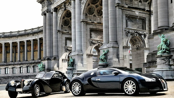 автомобиль, Bugatti, Олдтаймер, черные машины, автомобиль, статуя, архитектура, HD обои