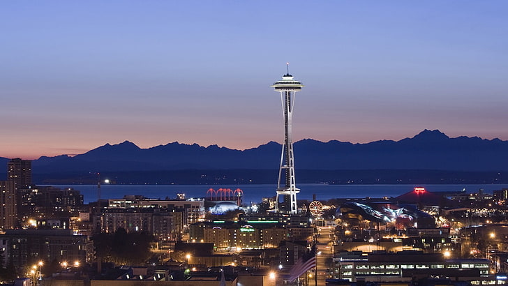 Menara CN, Kanada, Seattle, Space Needle, Pacific Northwest, AS, negara bagian Washington, kota, matahari terbenam, lampu, malam, Wallpaper HD