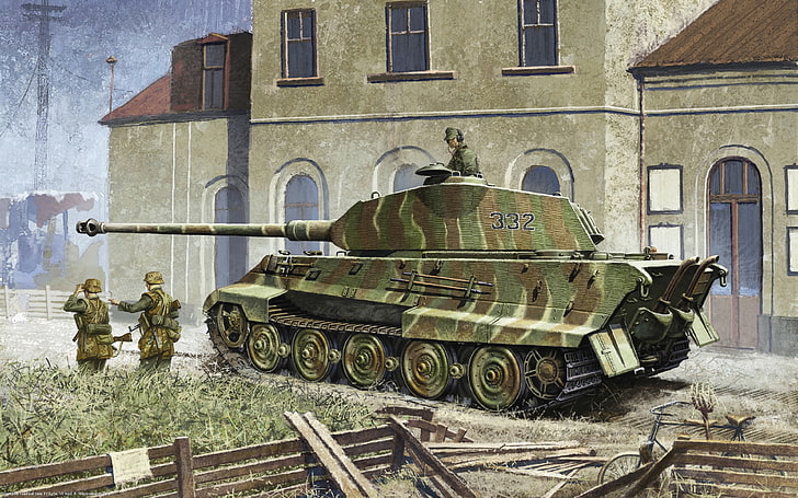 зелено-коричневый камуфляж 332 боевой танк, рисунок, танк, тяжелый, немецкий, королевский тигр, тигр 2, HD обои