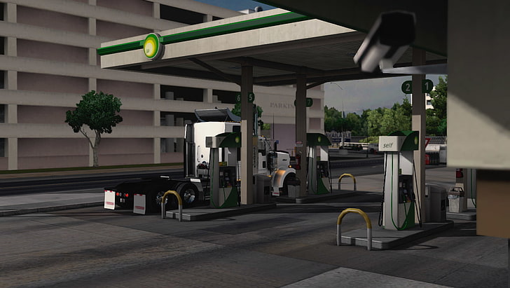 American Truck Simulator, camiones, gasolineras, videojuegos, Fondo de pantalla HD