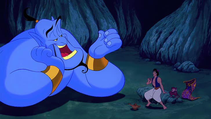 Aladdin, Genie (Disney), Abu (Disney), animasi, film diam, lampu, karpet, Walt Disney, Wallpaper HD