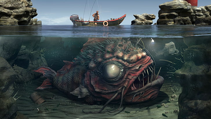 существо, рыба, под водой, произведение искусства, лодка, HD обои