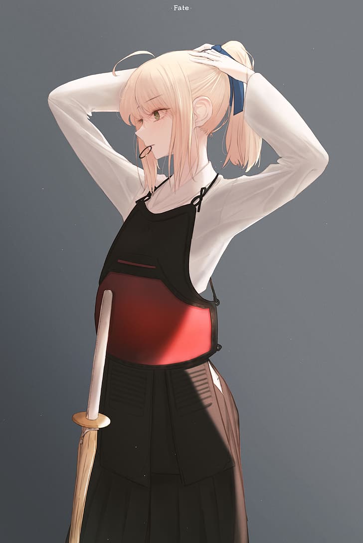 Fate/Stay Night, Fate Series, tied hair, ponytail, hair ribbon, long hair, women with swords, standing, ahoge, anime girls, arms up, green eyes, blushing, small boobs, kendo, shinai, blue ribbons, white t-shirt, Saber, Artoria Pendragon, simple background, vertical, fan art, bangs, anime, alternate costume, female warrior, 2D, gray background, long skirt, alternate hairstyle, artwork, arms behind head, looking at the side, HD wallpaper