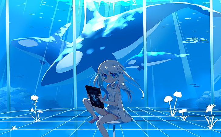 アニメの女の子、クジラ、花、アニメ、 HDデスクトップの壁紙