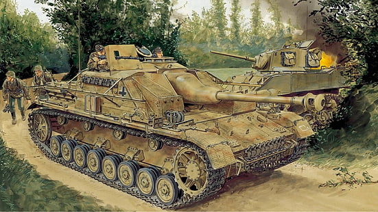 two brown tanks, war, figure, art, German self-propelled artillery, Western front, Sturmgeschütz IV, StuG IV, HD wallpaper HD wallpaper