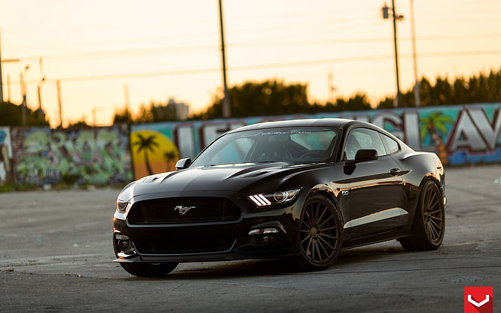 schwarzes Ford Mustang Coupé, Ford Mustang, Ford, Graffiti, schwarze Autos, Fahrzeug, Auto, HD-Hintergrundbild