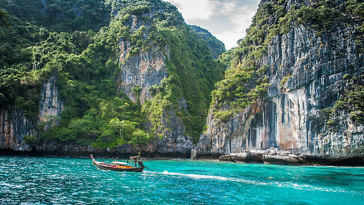 タイ、ピピ島、ボート、 HDデスクトップの壁紙