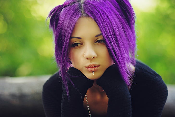 face, women, piercing, purple hair, dyed hair, HD wallpaper