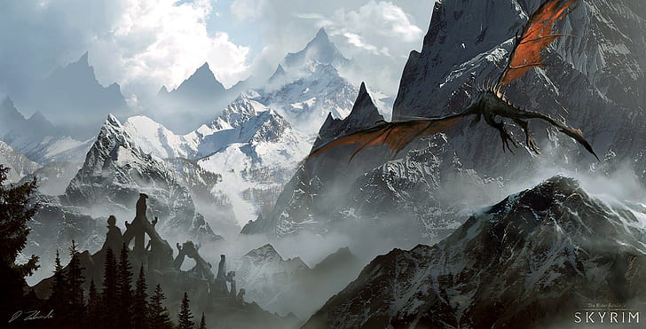 sztuka fantasy, The Elder Scrolls V: Skyrim, gry wideo, smok, Darek Zabrocki, Tapety HD