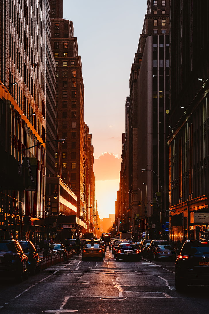 red sedan, city, sunset, new york, buildings, cars, HD wallpaper