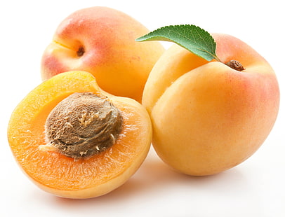two round orange peach fruits, peaches, leaf, stone, three, white background, cut, HD wallpaper HD wallpaper
