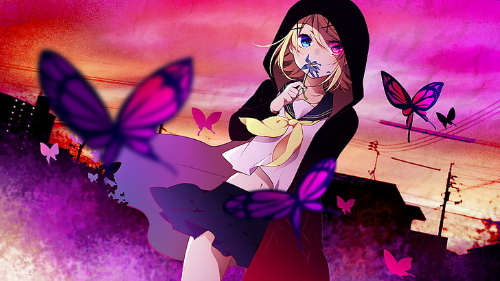 Vocaloid, Kagamine Rin, пеперуда, HD тапет