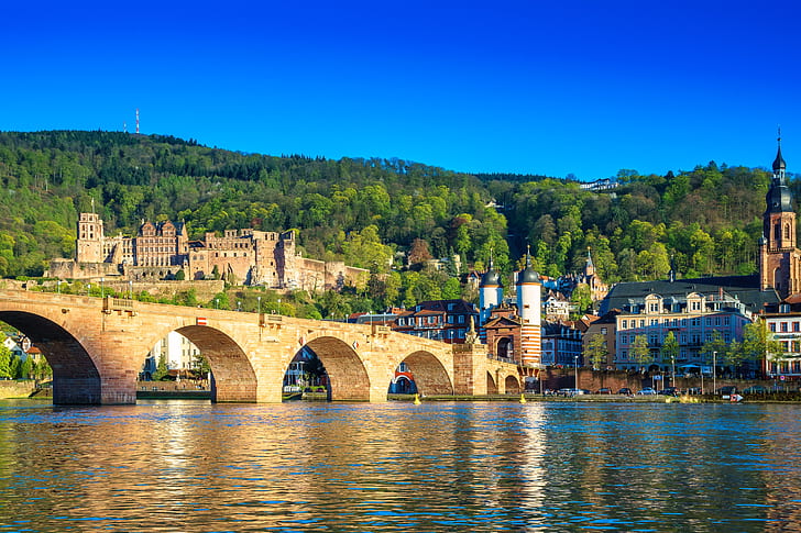 ciudad, verano, cielo, puente, Alemania, castillo, soleado, Heidelberg, Puente Viejo, Río Neckar, El Puente Karl Theodor, Fondo de pantalla HD
