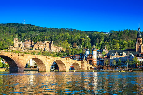 ciudad, verano, cielo, puente, Alemania, castillo, soleado, Heidelberg, Puente Viejo, Río Neckar, El Puente Karl Theodor, Fondo de pantalla HD HD wallpaper