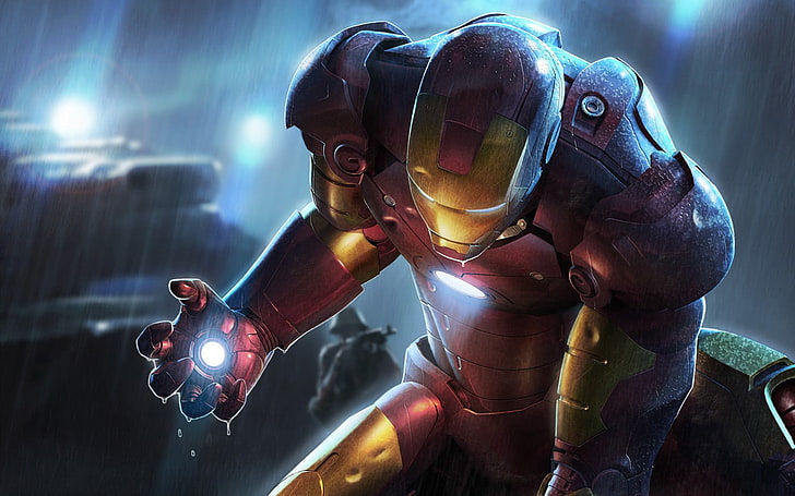 Ilustración de Iron Man, Iron Man, Marvel Comics, arte digital, ilustraciones, lluvia, armadura, Fondo de pantalla HD