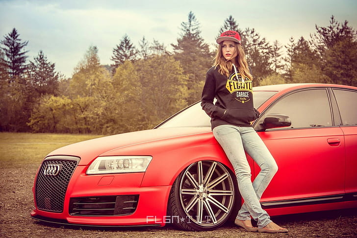 Red Audi A6 and Girl, Audi, A6, girl, Tuning, cars, Red, lights, wheels, HD wallpaper
