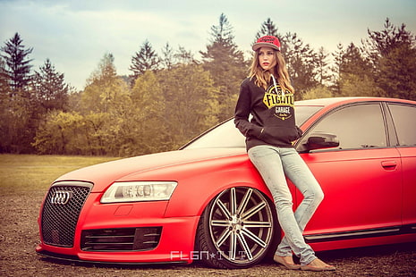 Red Audi A6 and Girl, Audi, A6, girl, Tuning, cars, Red, lights, wheels, HD wallpaper HD wallpaper