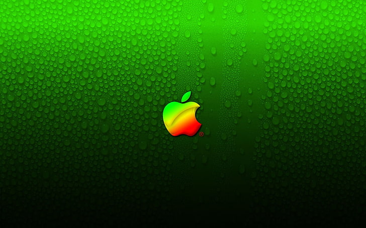Яблоко и капли воды, логотип Apple, компьютеры, яблоко, вода, зеленый, капли, HD обои