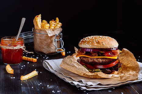 sauce, hamburger, pâté, sandwich, restauration rapide, brioche, salade, tomates, viande, frites, Fond d'écran HD HD wallpaper